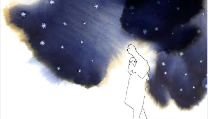 Photo by Stina Wirsén from the exhibition, Never violence. The picture portays an adult holding a child, whilst walking under a dark sky with stars.