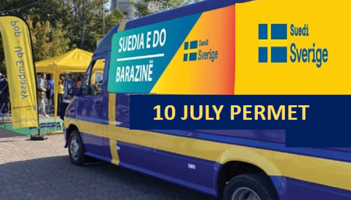 Poster of Sweden on Tour Permet, a bus with logos on it.