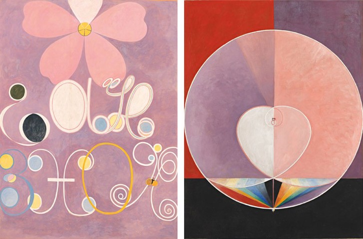 Left to right: Hilma af Klint The Ten Largest, Group IV, No. 5, Adulthood 1907 HAK106; Group IX/UW, The Dove No. 2 1915 HAK174. By courtesy of the Hilma af Klint Foundation. Photos: The Moderna Museet, Stockholm, Sweden.